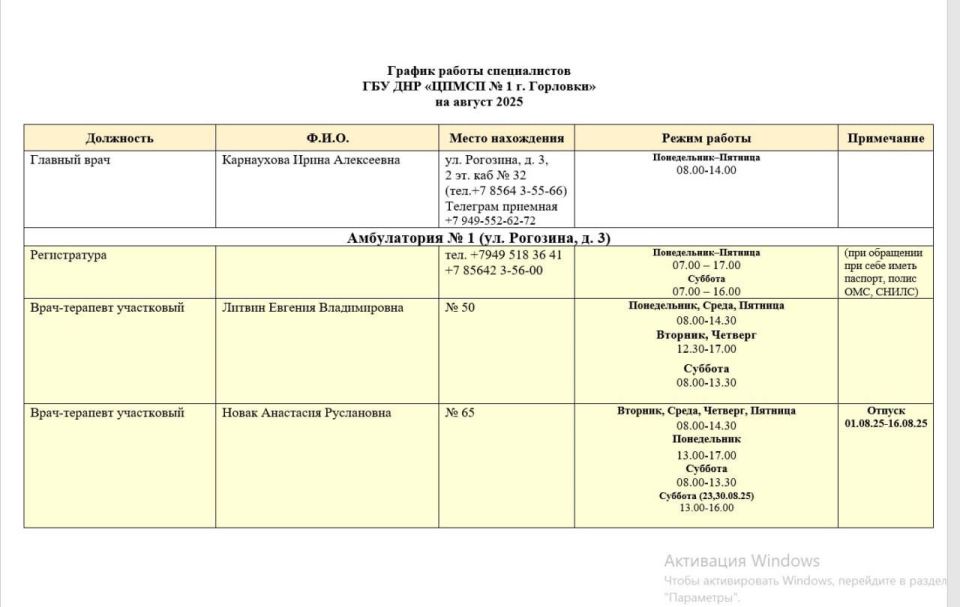 Иван Приходько: График приёма специалистов ГБУ ДНР «ЦПМСП №1 г.Горловки», ГБУ ДНР «Городской онкологический диспансер г.Горловки», ГБУ ДНР «Городской противотуберкулезный диспансер г.Горловки»