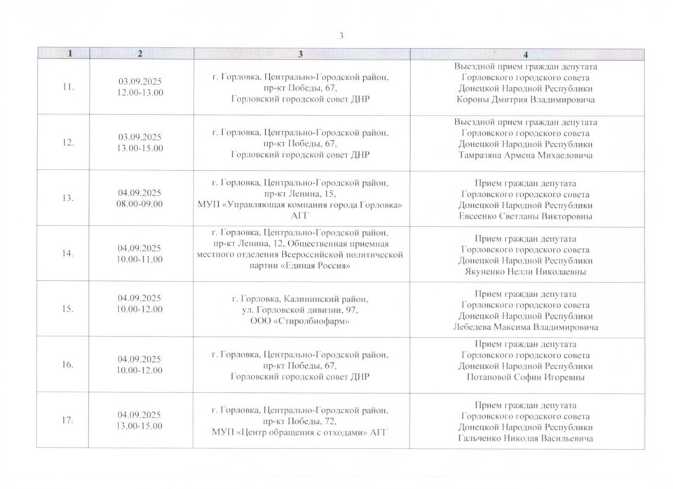 Роман Конев: График проведения приёмов депутатами Горловского городского совета Донецкой Народной Республики первого созыва на период с 01.09.2025 г. по 30.09.2025 г. (часть 1) Роман Конев: График проведения приёмов депутатами Горловского городского совета Донецкой Народной Республики первого созыва на период с 01.09.2025 г. по 30.09.2025 г. (часть 1)