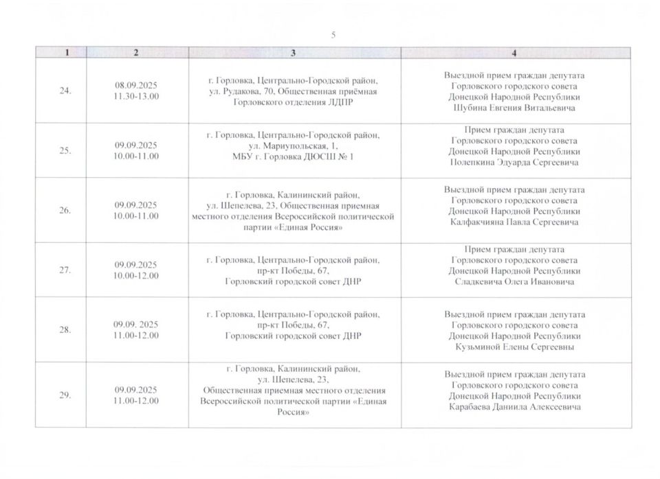 Роман Конев: График проведения приёмов депутатами Горловского городского совета Донецкой Народной Республики первого созыва на период с 01.09.2025 г. по 30.09.2025 г. (часть 1) Роман Конев: График проведения приёмов депутатами Горловского городского совета Донецкой Народной Республики первого созыва на период с 01.09.2025 г. по 30.09.2025 г. (часть 1)