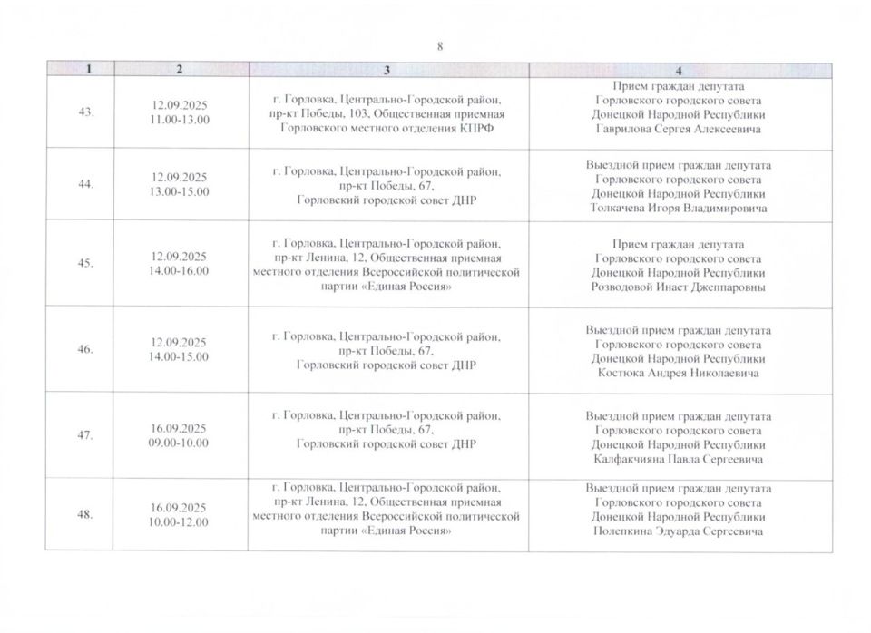 Роман Конев: График проведения приёмов депутатами Горловского городского совета Донецкой Народной Республики первого созыва на период с 01.09.2025 г. по 30.09.2025 г. (часть 1) Роман Конев: График проведения приёмов депутатами Горловского городского совета Донецкой Народной Республики первого созыва на период с 01.09.2025 г. по 30.09.2025 г. (часть 1)