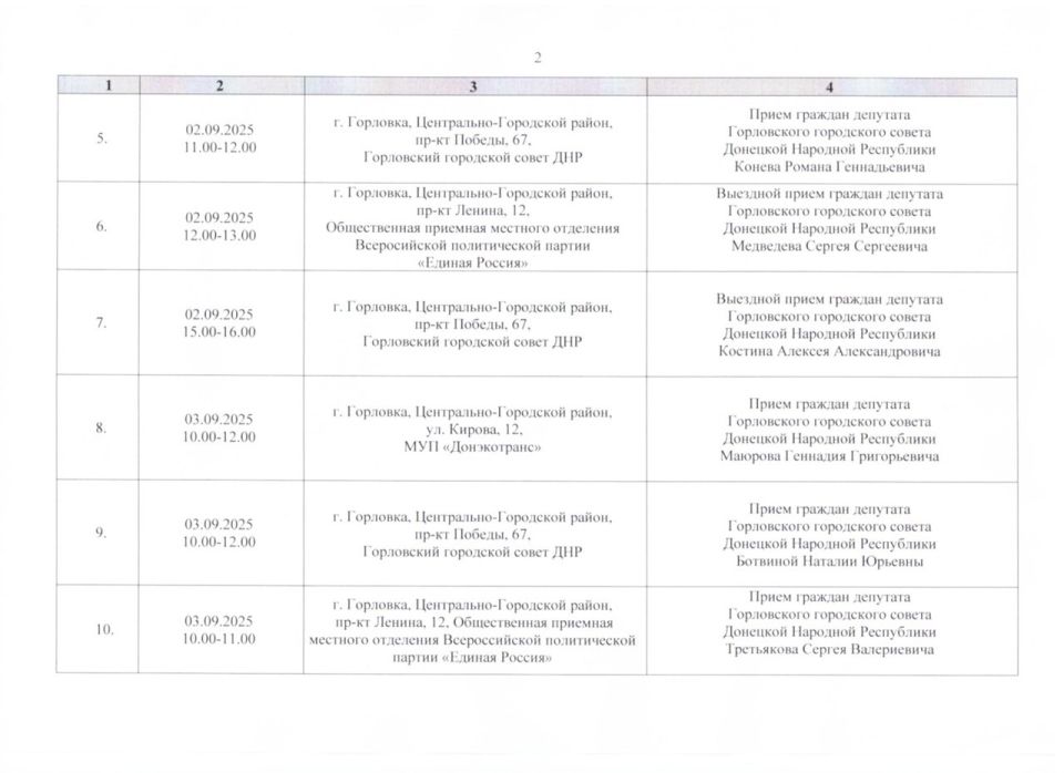 Роман Конев: График проведения приёмов депутатами Горловского городского совета Донецкой Народной Республики первого созыва на период с 01.09.2025 г. по 30.09.2025 г. (часть 1) Роман Конев: График проведения приёмов депутатами Горловского городского совета Донецкой Народной Республики первого созыва на период с 01.09.2025 г. по 30.09.2025 г. (часть 1)