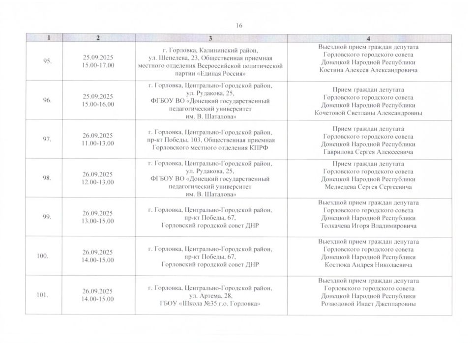 Роман Конев: График проведения приёмов депутатами Горловского городского совета Донецкой Народной Республики первого созыва на период с 01.09.2025 г. по 30.09.2025 г. (часть 2) Роман Конев: График проведения приёмов депутатами Горловского городского совета Донецкой Народной Республики первого созыва на период с 01.09.2025 г. по 30.09.2025 г. (часть 2)