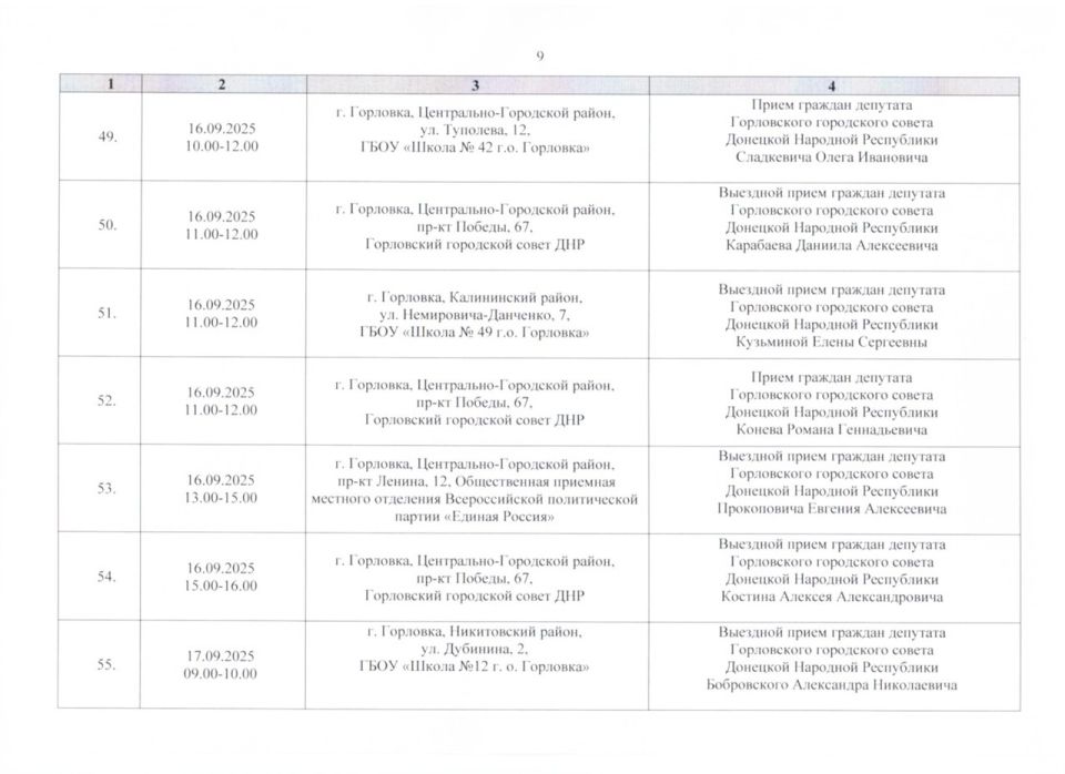 Роман Конев: График проведения приёмов депутатами Горловского городского совета Донецкой Народной Республики первого созыва на период с 01.09.2025 г. по 30.09.2025 г. (часть 1) Роман Конев: График проведения приёмов депутатами Горловского городского совета Донецкой Народной Республики первого созыва на период с 01.09.2025 г. по 30.09.2025 г. (часть 1)