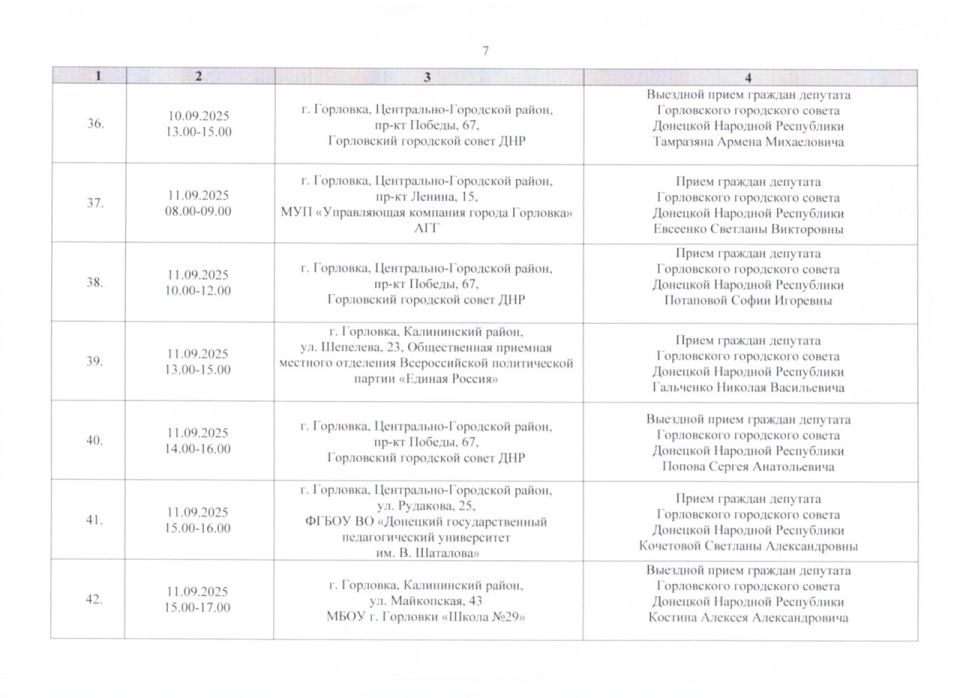Роман Конев: График проведения приёмов депутатами Горловского городского совета Донецкой Народной Республики первого созыва на период с 01.09.2025 г. по 30.09.2025 г. (часть 1) Роман Конев: График проведения приёмов депутатами Горловского городского совета Донецкой Народной Республики первого созыва на период с 01.09.2025 г. по 30.09.2025 г. (часть 1)