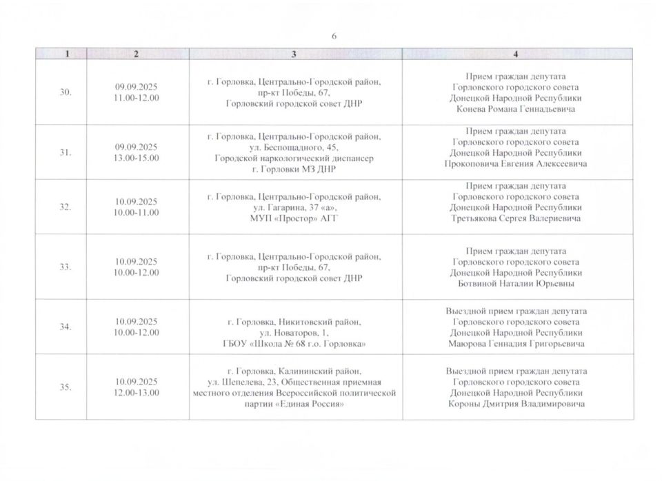 Роман Конев: График проведения приёмов депутатами Горловского городского совета Донецкой Народной Республики первого созыва на период с 01.09.2025 г. по 30.09.2025 г. (часть 1) Роман Конев: График проведения приёмов депутатами Горловского городского совета Донецкой Народной Республики первого созыва на период с 01.09.2025 г. по 30.09.2025 г. (часть 1)