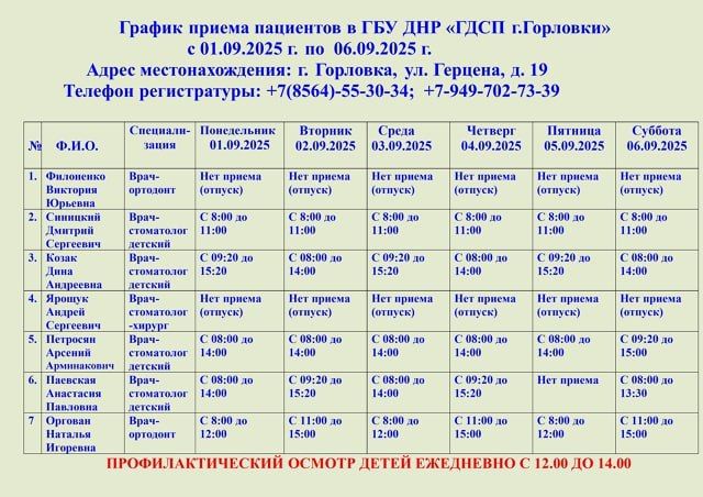 Иван Приходько: График работы специалистов ГБУ ДНР «ГДВД г.Горловки», ГБУ ДНР «ГСП № 4 г.Горловки», ГБУ ДНР «ГДСП г.Горловки», ГБУ ДНР «Городской наркологический диспансер г. Горловки», ГБУ ДНР «ГСП г.Горловка», ГБУ ДНР «ГПБ... Иван Приходько: График работы специалистов ГБУ ДНР «ГДВД г.Горловки», ГБУ ДНР «ГСП № 4 г.Горловки», ГБУ ДНР «ГДСП г.Горловки», ГБУ ДНР «Городской наркологический диспансер г. Горловки», ГБУ ДНР «ГСП г.Горловка», ГБУ ДНР «ГПБ...