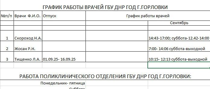 Иван Приходько: График работы специалистов ГБУ ДНР «ЦОМД г. Горловки», ГБУ ДНР «ГОД г. Горловки», ГБУ ДНР «ЦПМСП №1 г.Горловки», ГБУ ДНР «ЦПМСП № 2 Горловка» Иван Приходько: График работы специалистов ГБУ ДНР «ЦОМД г. Горловки», ГБУ ДНР «ГОД г. Горловки», ГБУ ДНР «ЦПМСП №1 г.Горловки», ГБУ ДНР «ЦПМСП № 2 Горловка»