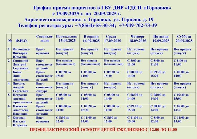 Иван Приходько: График работы специалистов ГБУ ДНР «ГСП № 4 г.Горловки», ГБУ ДНР «ГДСП г.Горловки», ГБУ ДНР «Городской наркологический диспансер г. Горловки», ГБУ ДНР «ГПБ г. Горловки», ГБУ ДНР «ГПТД г.Горловки», ГБУ ДНР... Иван Приходько: График работы специалистов ГБУ ДНР «ГСП № 4 г.Горловки», ГБУ ДНР «ГДСП г.Горловки», ГБУ ДНР «Городской наркологический диспансер г. Горловки», ГБУ ДНР «ГПБ г. Горловки», ГБУ ДНР «ГПТД г.Горловки», ГБУ ДНР...