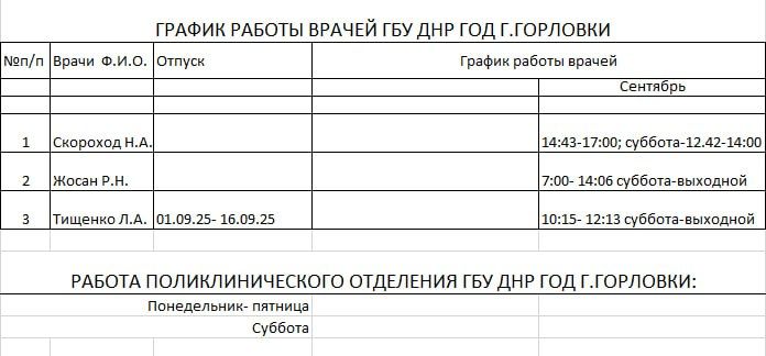 Иван Приходько: График работы специалистов ГБУ ДНР «ГСП № 4 г.Горловки», ГБУ ДНР «ГДСП г.Горловки», ГБУ ДНР «Городской наркологический диспансер г. Горловки», ГБУ ДНР «ГПБ г. Горловки», ГБУ ДНР «ГПТД г.Горловки», ГБУ ДНР... Иван Приходько: График работы специалистов ГБУ ДНР «ГСП № 4 г.Горловки», ГБУ ДНР «ГДСП г.Горловки», ГБУ ДНР «Городской наркологический диспансер г. Горловки», ГБУ ДНР «ГПБ г. Горловки», ГБУ ДНР «ГПТД г.Горловки», ГБУ ДНР...