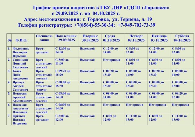 Иван Приходько: График работы специалистов ГБУ ДНР «ГДСП г.Горловки», ГБУ ДНР «Городской наркологический диспансер г. Горловки», ГБУ ДНР «ГПБ г. Горловки», ГБУ ДНР «ГПТД г.Горловки», ГБУ ДНР «ЦОМД г. Горловки», ГБУ ДНР «ГСП...