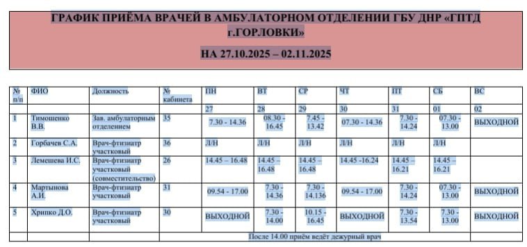 Иван Приходько: График работы специалистов ГБУ ДНР «ГДСП г.Горловки», ГБУ ДНР «Городской наркологический диспансер г. Горловки», ГБУ ДНР «ГПБ г. Горловки», ГБУ ДНР «ГПТД г.Горловки», ГБУ ДНР «ГДВД г.Горловки», ГБУ ДНР «ГСП... Иван Приходько: График работы специалистов ГБУ ДНР «ГДСП г.Горловки», ГБУ ДНР «Городской наркологический диспансер г. Горловки», ГБУ ДНР «ГПБ г. Горловки», ГБУ ДНР «ГПТД г.Горловки», ГБУ ДНР «ГДВД г.Горловки», ГБУ ДНР «ГСП...