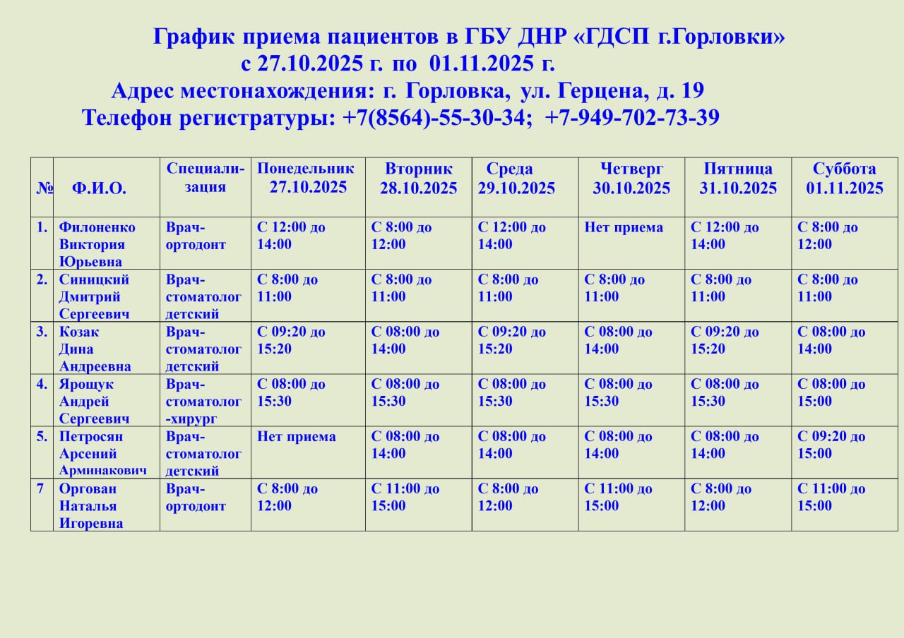 Иван Приходько: График работы специалистов ГБУ ДНР «ГДСП г.Горловки», ГБУ ДНР «Городской наркологический диспансер г. Горловки», ГБУ ДНР «ГПБ г. Горловки», ГБУ ДНР «ГПТД г.Горловки», ГБУ ДНР «ГДВД г.Горловки», ГБУ ДНР «ГСП...