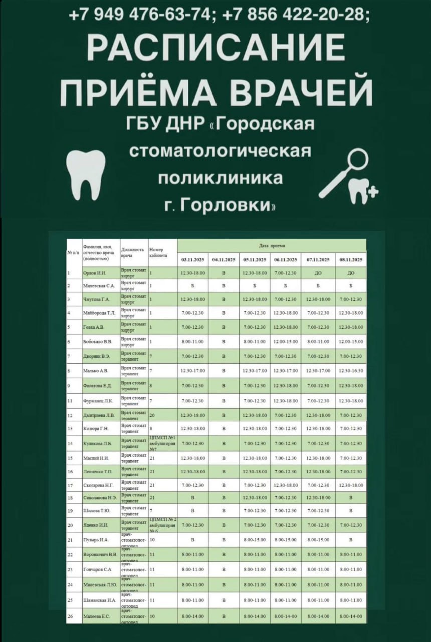 Иван Приходько: График работы специалистов ГБУ ДНР «ГДСП г.Горловки», ГБУ ДНР «Городской наркологический диспансер г. Горловки», ГБУ ДНР «ГПБ г. Горловки», ГБУ ДНР «ГПТД г.Горловки», ГБУ ДНР «ГДВД г.Горловки», ГБУ ДНР «ГСП... Иван Приходько: График работы специалистов ГБУ ДНР «ГДСП г.Горловки», ГБУ ДНР «Городской наркологический диспансер г. Горловки», ГБУ ДНР «ГПБ г. Горловки», ГБУ ДНР «ГПТД г.Горловки», ГБУ ДНР «ГДВД г.Горловки», ГБУ ДНР «ГСП...