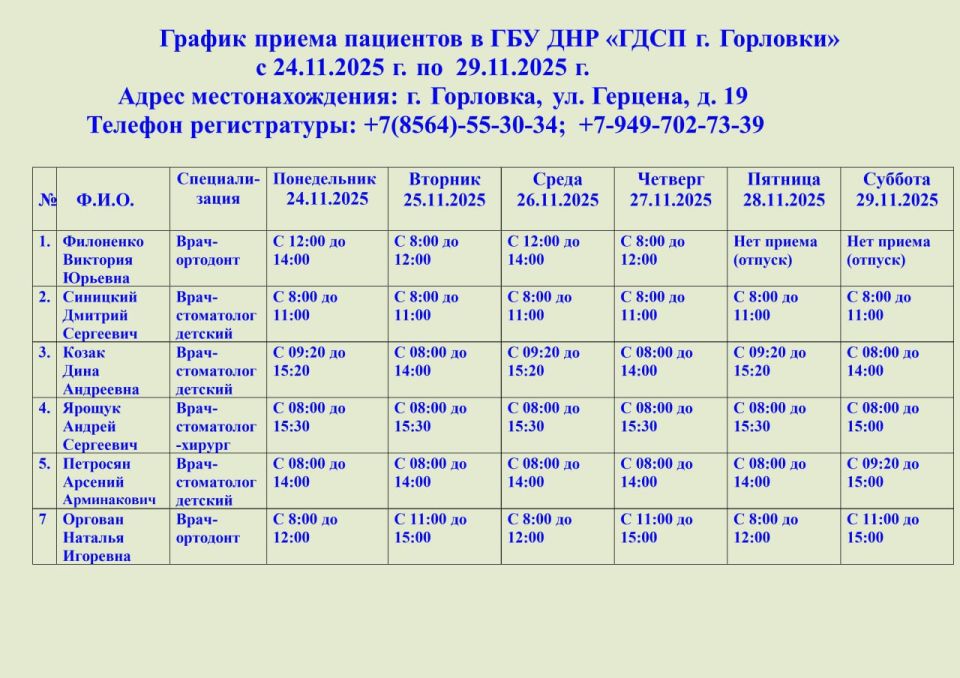 Иван Приходько: График работы специалистов ГБУ ДНР «ГДСП г.Горловки», ГБУ ДНР «Городской наркологический диспансер г. Горловки», ГБУ ДНР «ГПБ г. Горловки», ГБУ ДНР «ГПТД г.Горловки», ГБУ ДНР «ГДВД г.Горловки», ГБУ ДНР «ГСП...