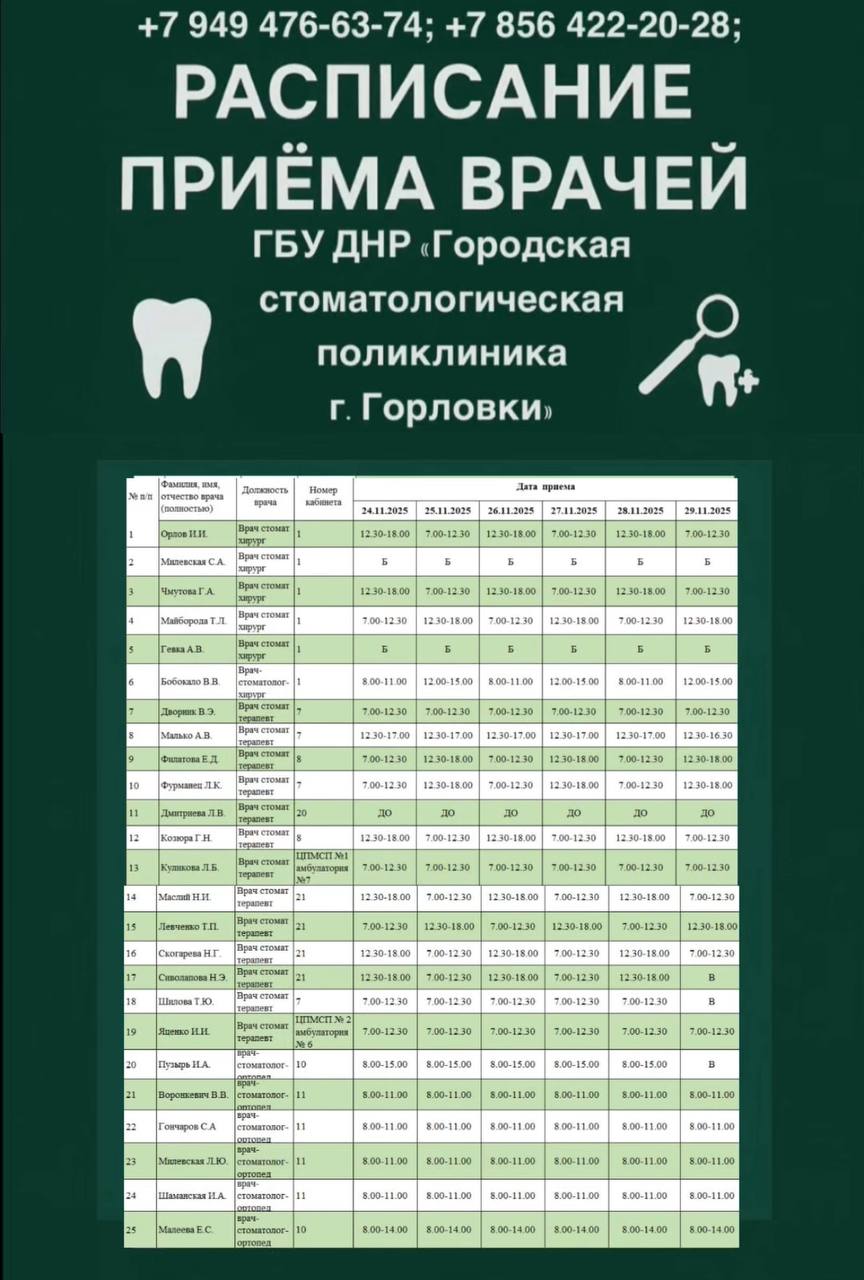Иван Приходько: График работы специалистов ГБУ ДНР «ГДСП г.Горловки», ГБУ ДНР «Городской наркологический диспансер г. Горловки», ГБУ ДНР «ГПБ г. Горловки», ГБУ ДНР «ГПТД г.Горловки», ГБУ ДНР «ГДВД г.Горловки», ГБУ ДНР «ГСП... Иван Приходько: График работы специалистов ГБУ ДНР «ГДСП г.Горловки», ГБУ ДНР «Городской наркологический диспансер г. Горловки», ГБУ ДНР «ГПБ г. Горловки», ГБУ ДНР «ГПТД г.Горловки», ГБУ ДНР «ГДВД г.Горловки», ГБУ ДНР «ГСП...