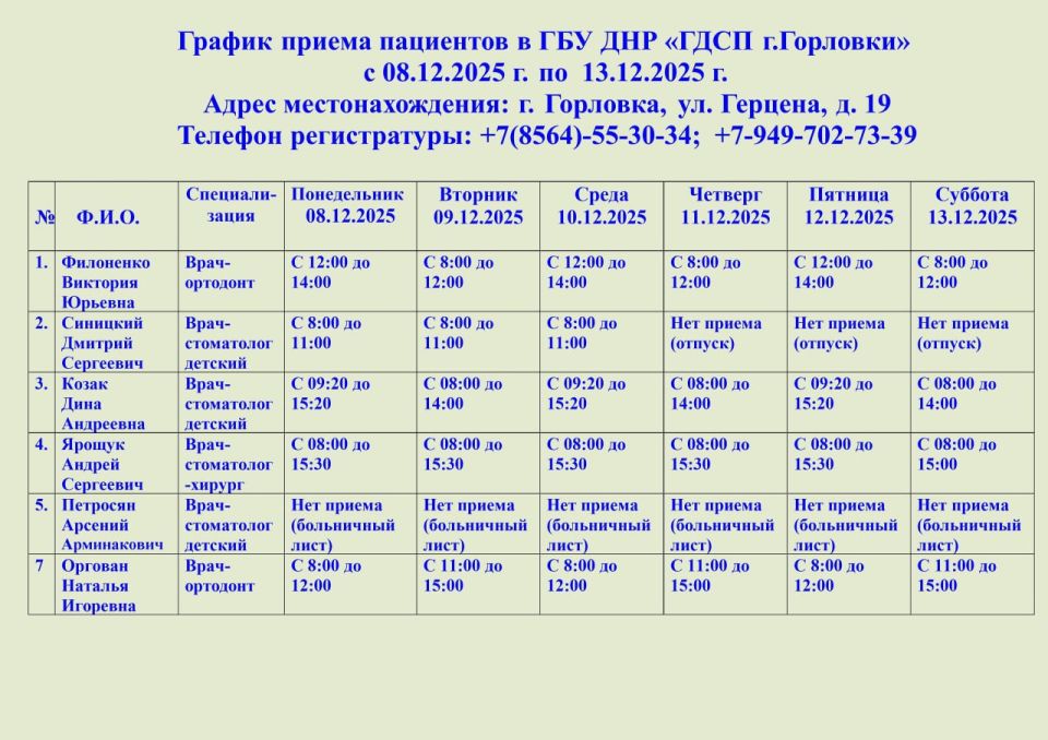 Иван Приходько: График работы специалистов ГБУ ДНР «ГДСП г.Горловки», ГБУ ДНР «Городской наркологический диспансер г. Горловки», ГБУ ДНР «ГПБ г. Горловки», ГБУ ДНР «ГПТД г.Горловки», ГБУ ДНР «ГДВД г.Горловки», ГБУ ДНР «ГСП...