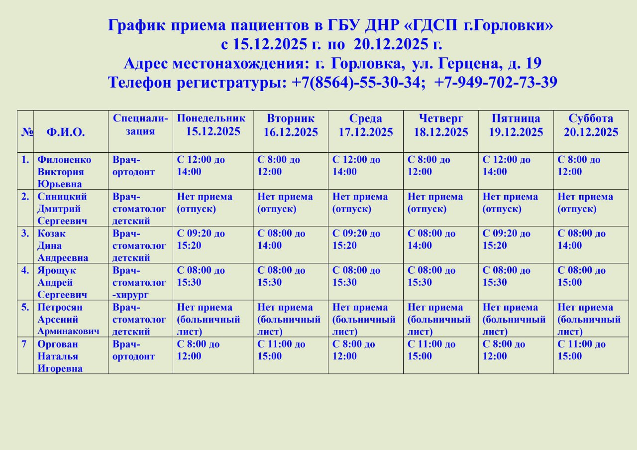 Иван Приходько: График работы специалистов ГБУ ДНР «ГДСП г.Горловки», ГБУ ДНР «Городской наркологический диспансер г. Горловки», ГБУ ДНР «ГПБ г. Горловки», ГБУ ДНР «ГПТД г.Горловки», ГБУ ДНР «ГДВД г.Горловки», ГБУ ДНР «ГСП...