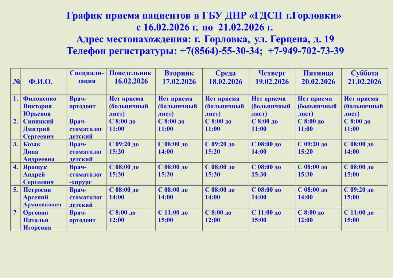 Иван Приходько: График работы специалистов ГБУ ДНР «ГДСП г.Горловки», ГБУ ДНР «ГПТД г.Горловки», ГБУ ДНР «ГДВД г.Горловки», ГБУ ДНР «ГСП г.Горловки», ГБУ ДНР «ГОД г. Горловки», ГБУ ДНР «ГСП № 4 г.Горловки», ГБУ ДНР «ЦОМД г.... Иван Приходько: График работы специалистов ГБУ ДНР «ГДСП г.Горловки», ГБУ ДНР «ГПТД г.Горловки», ГБУ ДНР «ГДВД г.Горловки», ГБУ ДНР «ГСП г.Горловки», ГБУ ДНР «ГОД г. Горловки», ГБУ ДНР «ГСП № 4 г.Горловки», ГБУ ДНР «ЦОМД г....