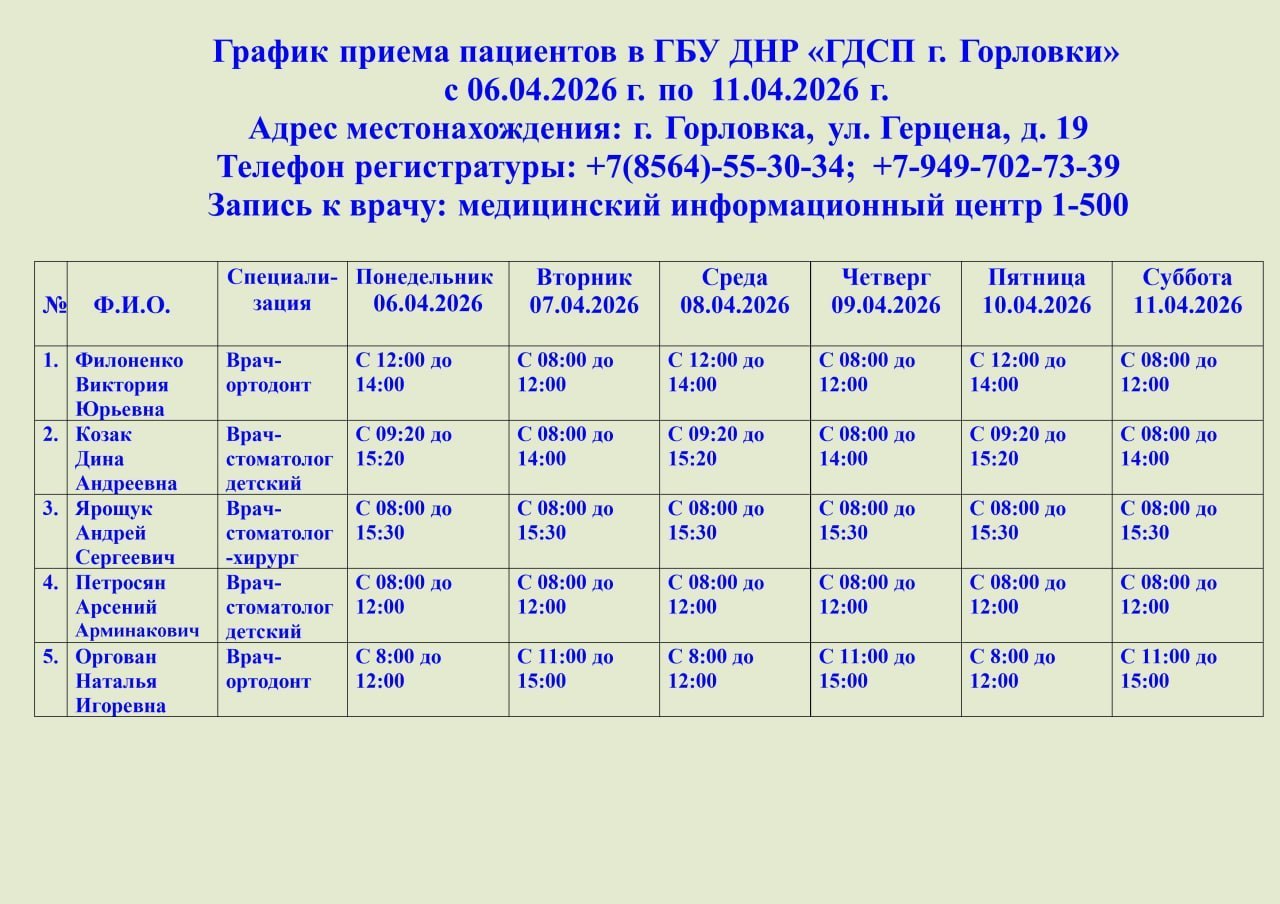 Иван Приходько: График работы специалистов ГБУ ДНР «ГДСП г.Горловки», ГБУ ДНР «Городской наркологический диспансер г. Горловки», ГБУ ДНР «ГПБ г. Горловки», ГБУ ДНР «ГПТД г.Горловки», ГБУ ДНР «ГДВД г.Горловки», ГБУ ДНР «ГСП...
