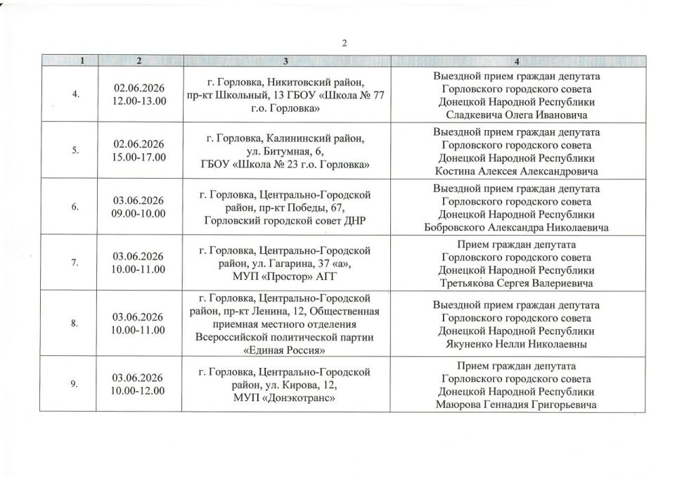 Роман Конев: График проведения приемов депутатами Горловского городского совета Донецкой Народной Республики первого созыва на период с 01.06.2026 г. по 30.06.2026 г. (часть 1) Роман Конев: График проведения приемов депутатами Горловского городского совета Донецкой Народной Республики первого созыва на период с 01.06.2026 г. по 30.06.2026 г. (часть 1)