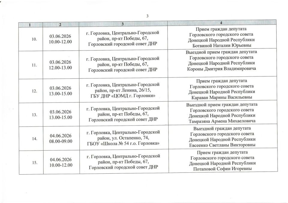 Роман Конев: График проведения приемов депутатами Горловского городского совета Донецкой Народной Республики первого созыва на период с 01.06.2026 г. по 30.06.2026 г. (часть 1) Роман Конев: График проведения приемов депутатами Горловского городского совета Донецкой Народной Республики первого созыва на период с 01.06.2026 г. по 30.06.2026 г. (часть 1)