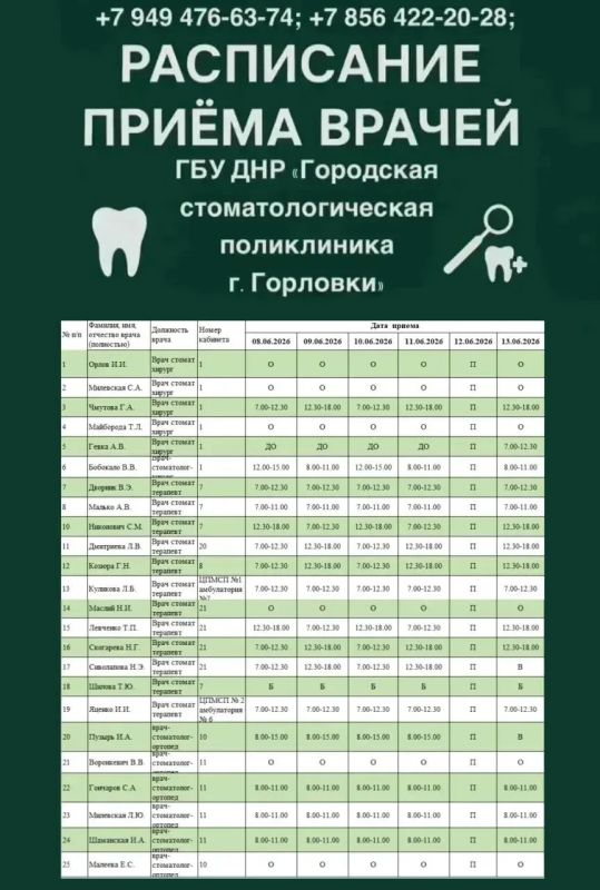 Иван Приходько: График работы специалистов ГБУ ДНР «ГДСП г.Горловки», ГБУ ДНР «Городской наркологический диспансер г. Горловки», ГБУ ДНР «ГПБ г. Горловки», ГБУ ДНР «ГПТД г.Горловки», ГБУ ДНР «ГДВД г.Горловки», ГБУ ДНР «ГСП... Иван Приходько: График работы специалистов ГБУ ДНР «ГДСП г.Горловки», ГБУ ДНР «Городской наркологический диспансер г. Горловки», ГБУ ДНР «ГПБ г. Горловки», ГБУ ДНР «ГПТД г.Горловки», ГБУ ДНР «ГДВД г.Горловки», ГБУ ДНР «ГСП...