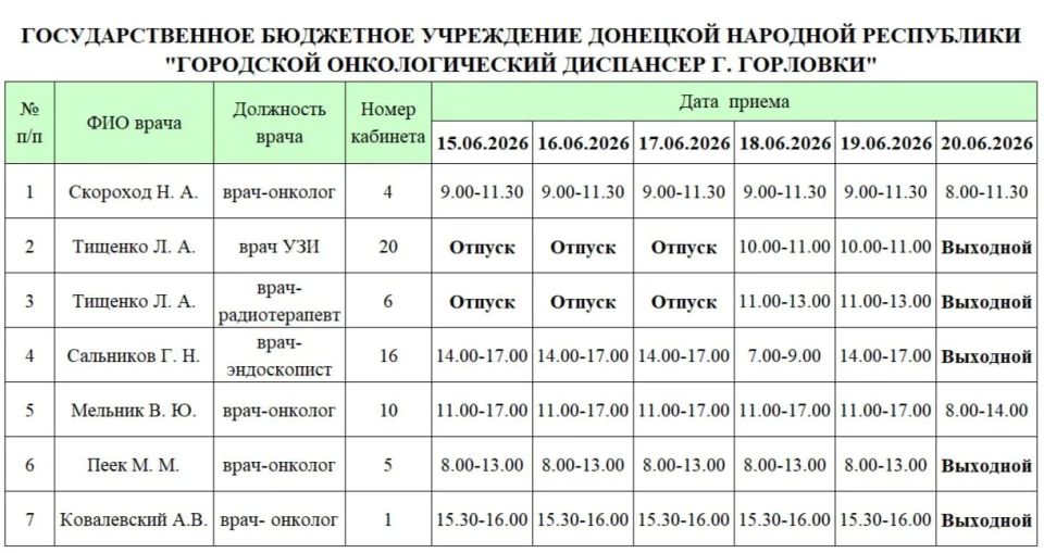 Иван Приходько: График работы специалистов ГБУ ДНР «ГДСП г.Горловки», ГБУ ДНР «Городской наркологический диспансер г. Горловки», ГБУ ДНР «ГПБ г. Горловки», ГБУ ДНР «ГПТД г.Горловки», ГБУ ДНР «ГДВД г.Горловки», ГБУ ДНР «ГСП... Иван Приходько: График работы специалистов ГБУ ДНР «ГДСП г.Горловки», ГБУ ДНР «Городской наркологический диспансер г. Горловки», ГБУ ДНР «ГПБ г. Горловки», ГБУ ДНР «ГПТД г.Горловки», ГБУ ДНР «ГДВД г.Горловки», ГБУ ДНР «ГСП...