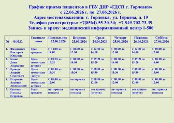 Иван Приходько: График работы специалистов ГБУ ДНР «ГДСП г.Горловки», ГБУ ДНР «Городской наркологический диспансер г. Горловки», ГБУ ДНР «ГПБ г. Горловки», ГБУ ДНР «ГПТД г.Горловки», ГБУ ДНР «ГДВД г.Горловки», ГБУ ДНР «ГСП...