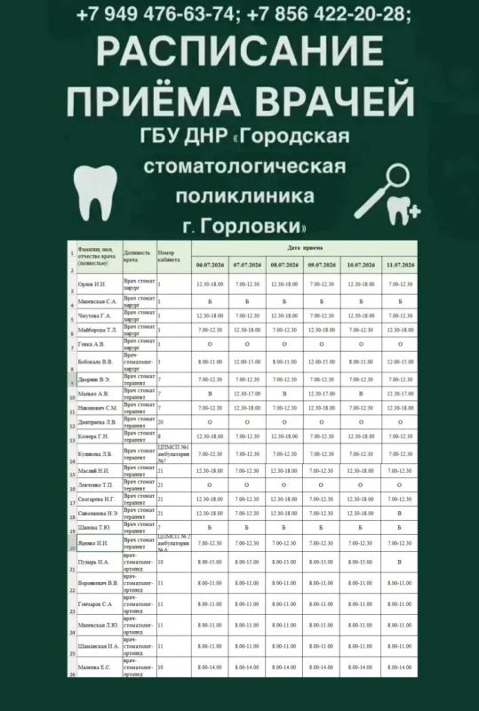 Иван Приходько: График работы специалистов ГБУ ДНР «ГДСП г.Горловки», ГБУ ДНР «Городской наркологический диспансер г. Горловки», ГБУ ДНР «ГПБ г. Горловки», ГБУ ДНР «ГПТД г.Горловки», ГБУ ДНР «ГДВД г.Горловки», ГБУ ДНР «ГСП... Иван Приходько: График работы специалистов ГБУ ДНР «ГДСП г.Горловки», ГБУ ДНР «Городской наркологический диспансер г. Горловки», ГБУ ДНР «ГПБ г. Горловки», ГБУ ДНР «ГПТД г.Горловки», ГБУ ДНР «ГДВД г.Горловки», ГБУ ДНР «ГСП...