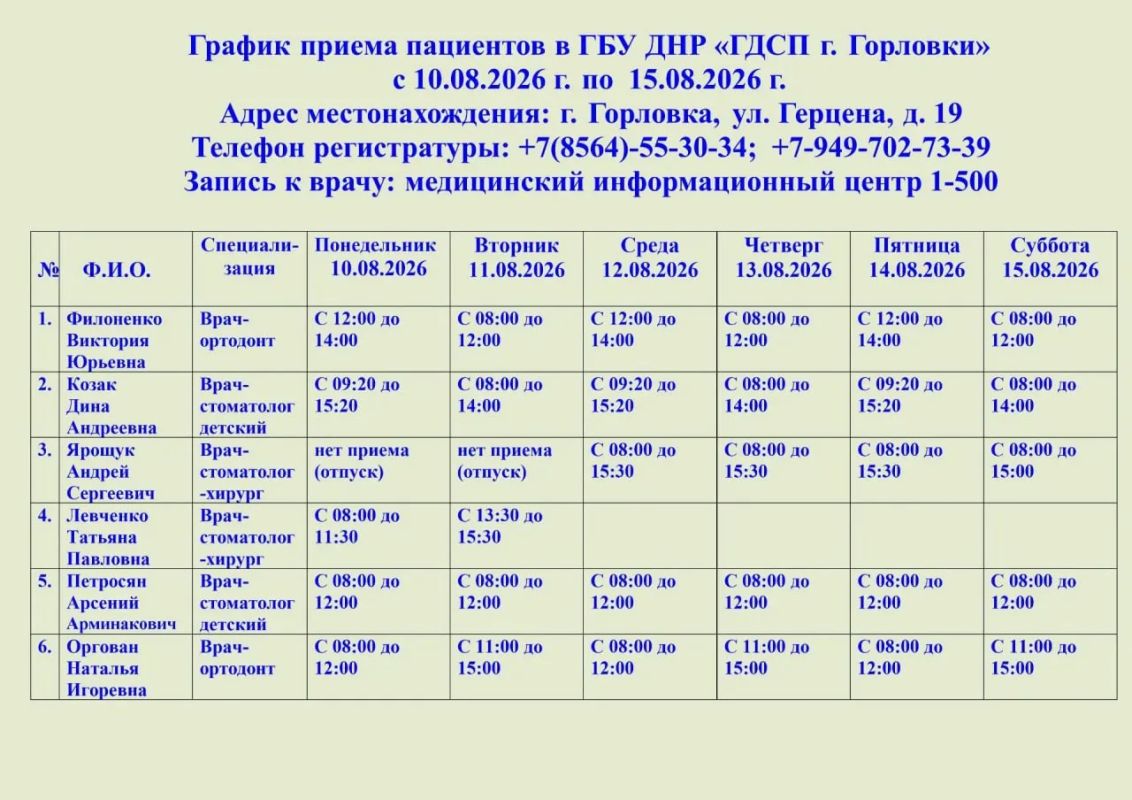 Иван Приходько: График работы специалистов ГБУ ДНР «ГДСП г.Горловки», ГБУ ДНР «Городской наркологический диспансер г. Горловки», ГБУ ДНР «ГПБ г. Горловки», ГБУ ДНР «ГПТД г.Горловки», ГБУ ДНР «ГДВД г.Горловки», ГБУ ДНР «ГСП... Иван Приходько: График работы специалистов ГБУ ДНР «ГДСП г.Горловки», ГБУ ДНР «Городской наркологический диспансер г. Горловки», ГБУ ДНР «ГПБ г. Горловки», ГБУ ДНР «ГПТД г.Горловки», ГБУ ДНР «ГДВД г.Горловки», ГБУ ДНР «ГСП...