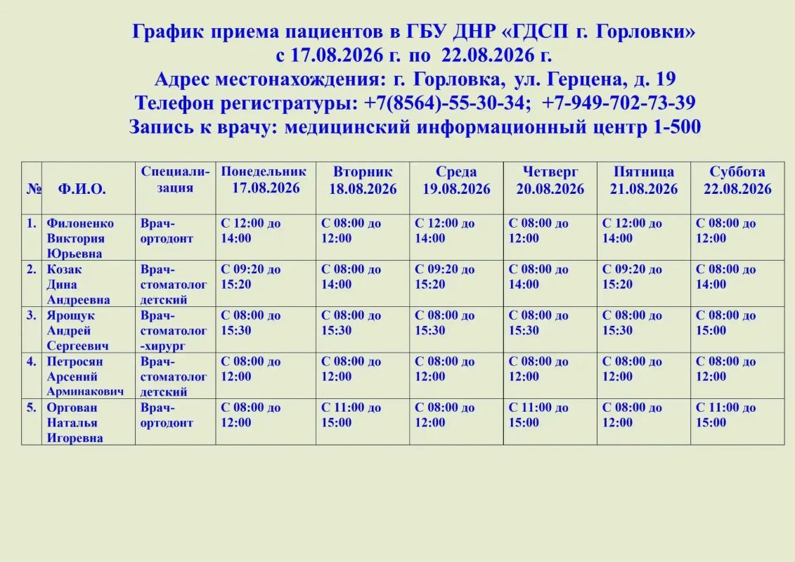 Иван Приходько: График работы специалистов ГБУ ДНР «ГДСП г.Горловки», ГБУ ДНР «Городской наркологический диспансер г. Горловки», ГБУ ДНР «ГПБ г. Горловки», ГБУ ДНР «ГПТД г.Горловки», ГБУ ДНР «ГДВД г.Горловки», ГБУ ДНР «ГСП... Иван Приходько: График работы специалистов ГБУ ДНР «ГДСП г.Горловки», ГБУ ДНР «Городской наркологический диспансер г. Горловки», ГБУ ДНР «ГПБ г. Горловки», ГБУ ДНР «ГПТД г.Горловки», ГБУ ДНР «ГДВД г.Горловки», ГБУ ДНР «ГСП...