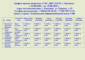 Иван Приходько: График работы специалистов ГБУ ДНР «ГДСП г.Горловки», ГБУ ДНР «Городской наркологический диспансер г. Горловки», ГБУ ДНР «ГПБ г. Горловки», ГБУ ДНР «ГПТД г.Горловки», ГБУ ДНР «ГДВД г.Горловки», ГБУ ДНР «ГСП...